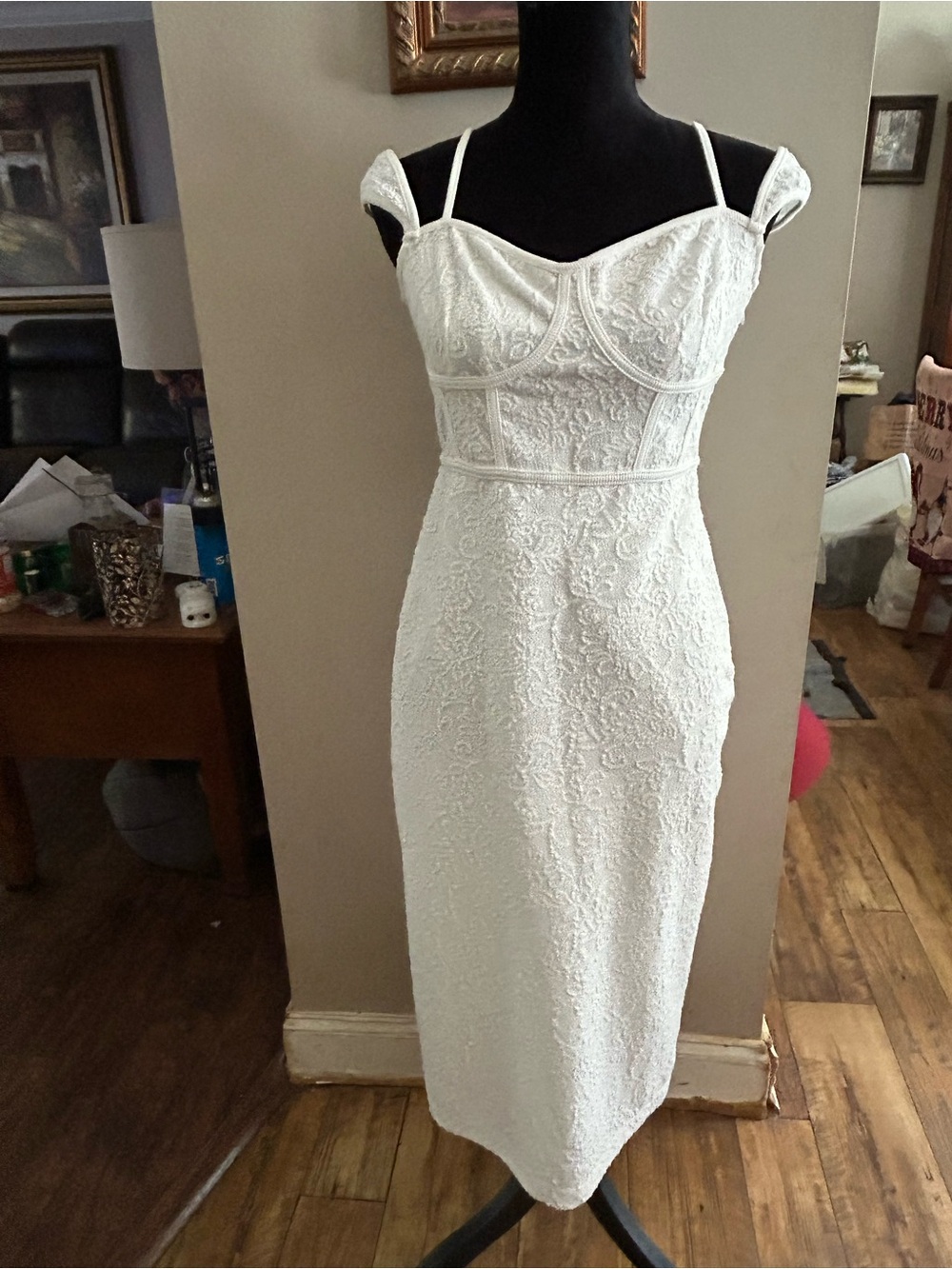 Anthropologie White Lace Midi Dress with Sweetheart Bust